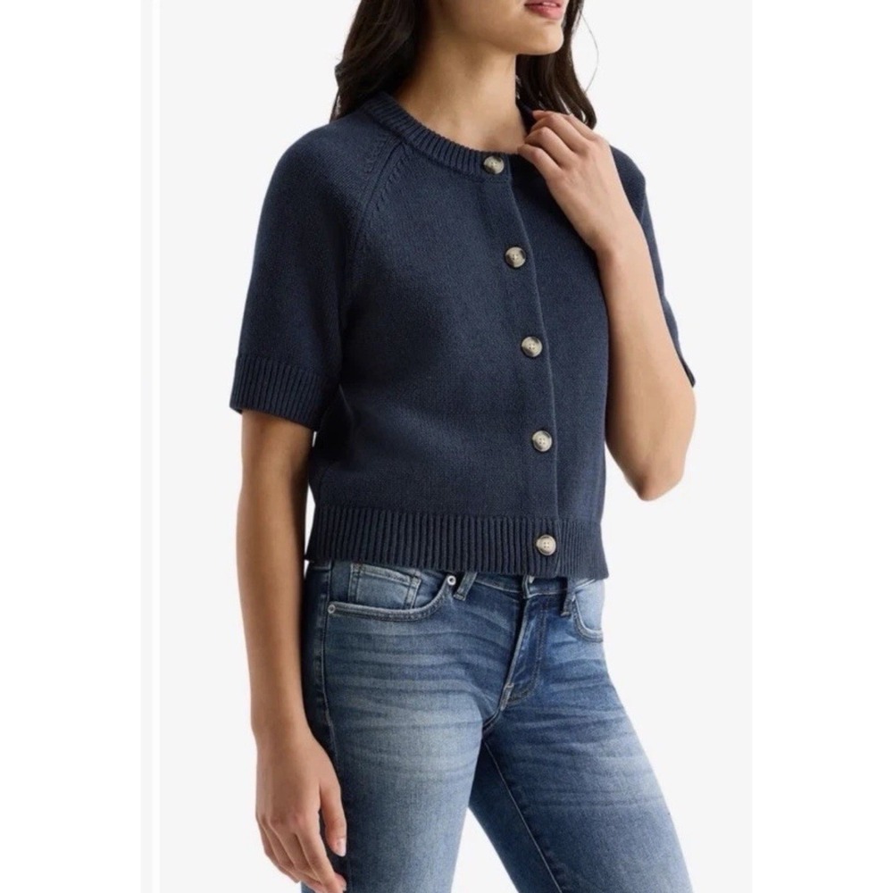 Lucky Brand Blue Knit Short Sleeve Sweater Cardigan XL Coastal Cottage Preppy